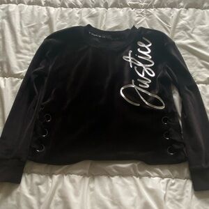 Justice Black Velvet Long Sleeve Top with Silver Script